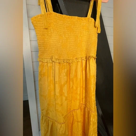 Lulu’s Love Yellow Jacquard Smocked Tie-Strap Midi Dress - Picture 4 of 6